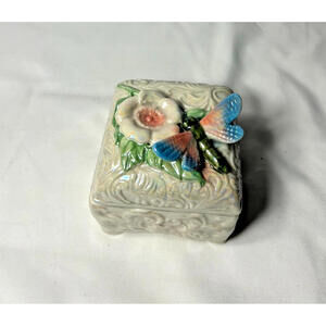 Trinket Box Ceramic With Flower And Butterfly/ Dragonfly Luster Finish *I